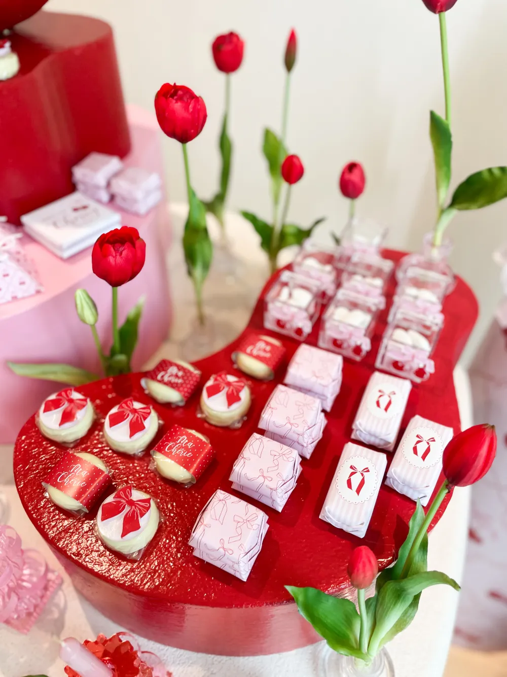 Personalised cherry newborn welcoming with chocolates and tulips